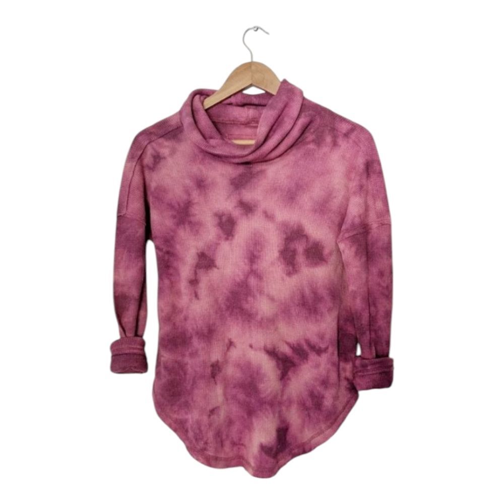Anthropologie Pink Tie Dye Cowl Neck Waffle Knit Top